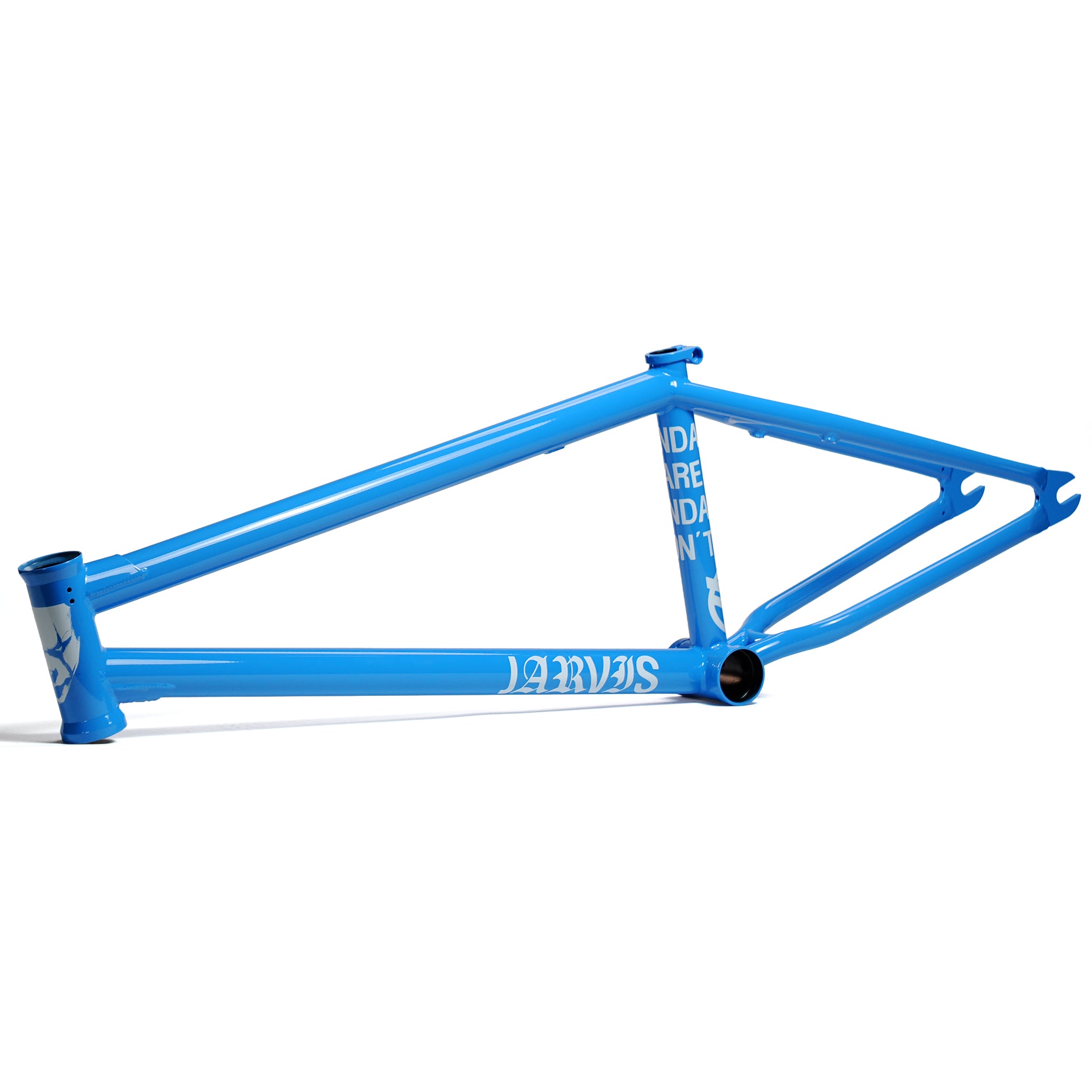 The Federal Jarvis V2 Frame is a blue BMX frame with white graphics and removable brake mounts, shown on its side against a white background.