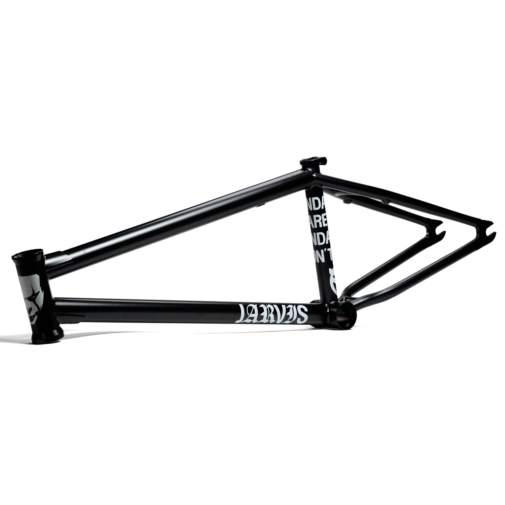The Federal Jarvis V2 Frame is a black BMX frame with a white "JARVIS" logo on the down tube, additional white text on the seat tube, responsive geometry, and removable brake mounts, displayed against a white background.