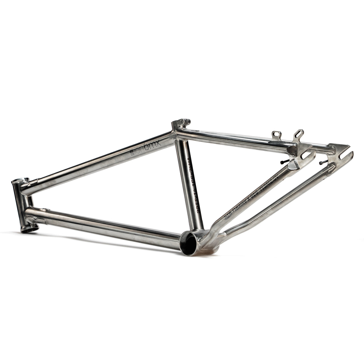 The ION BMX Ti22 Titanium 22 Inch Frame features an unpainted metal finish, visible welds, rear dropouts, horizontal top tube (TT-22), mounting points, and a 74° headtube angle. Shown on a white background.