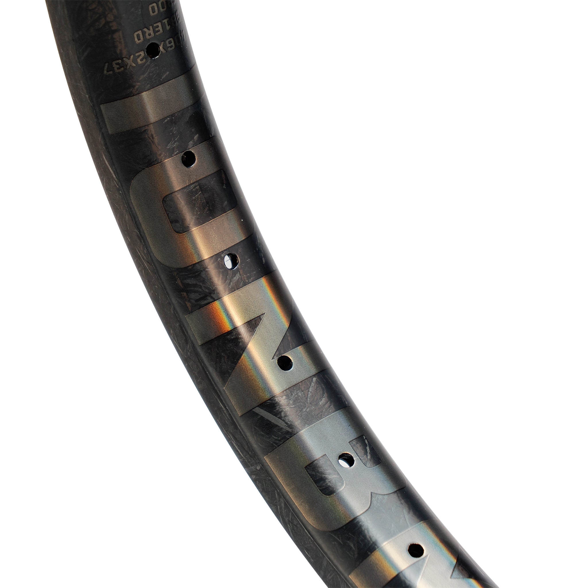 Close-up of the ION BMX C20 Carbon Fiber 20 Inch Braking Rim, made from Toray T800 carbon fiber with visible spoke holes and subtle branding—ideal for freestyle BMX.