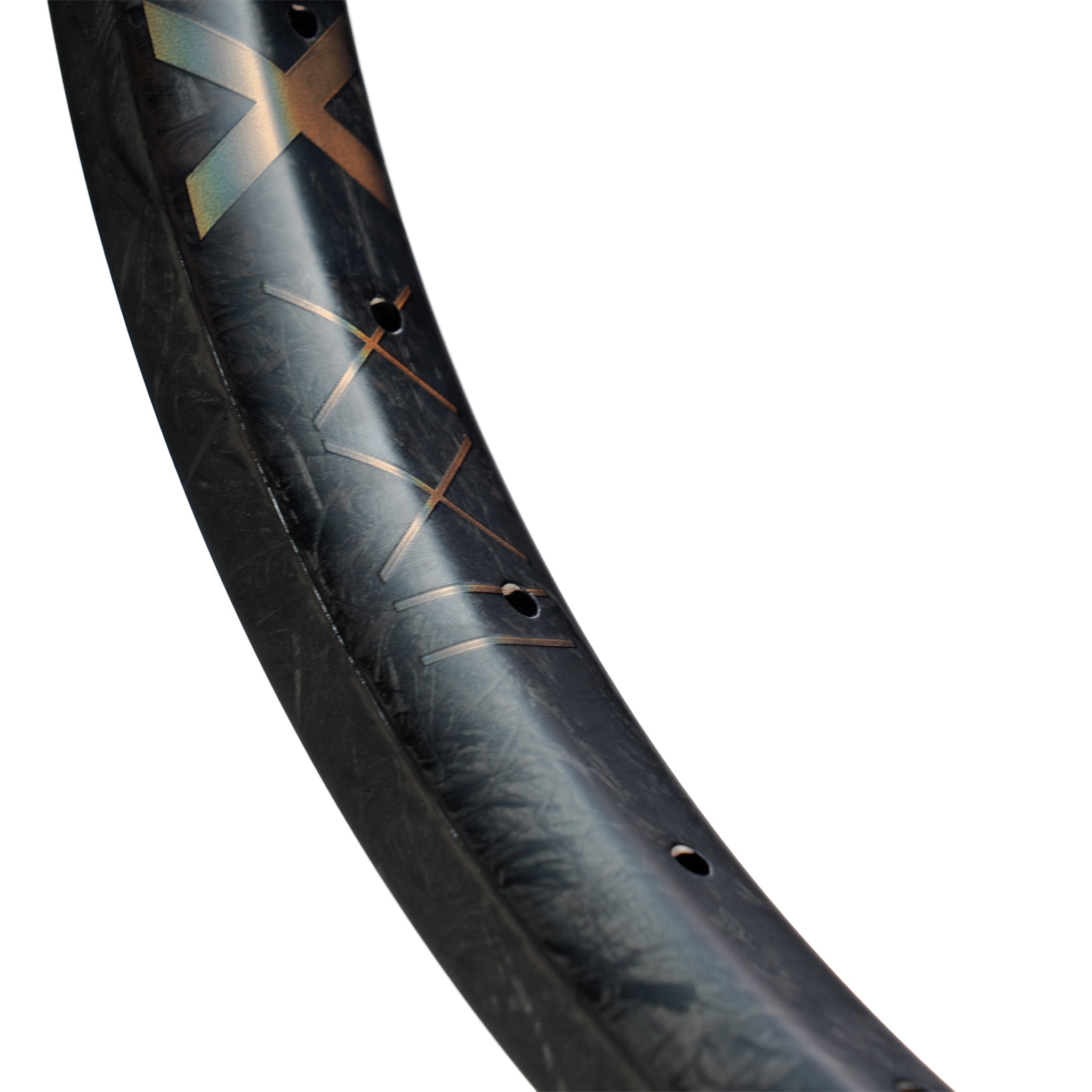 Close-up of the ION BMX C22 Carbon Fiber 22 Inch Braking Rim, featuring a black lightweight design with metallic graphics and evenly spaced spoke holes.