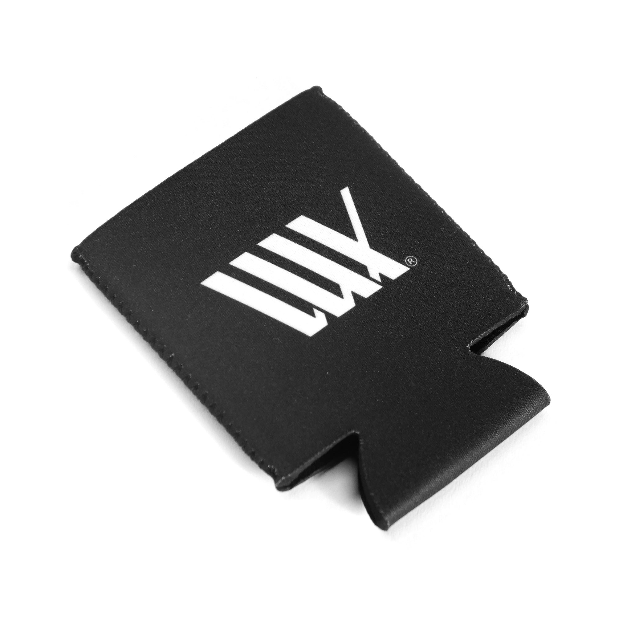 A black stubby cooler with a white stylized "WIX" logo on the front, photographed on a white background. Ideal for keeping drinks cool during your next adventure with the LUXBMX Journey Explorer Bundle.