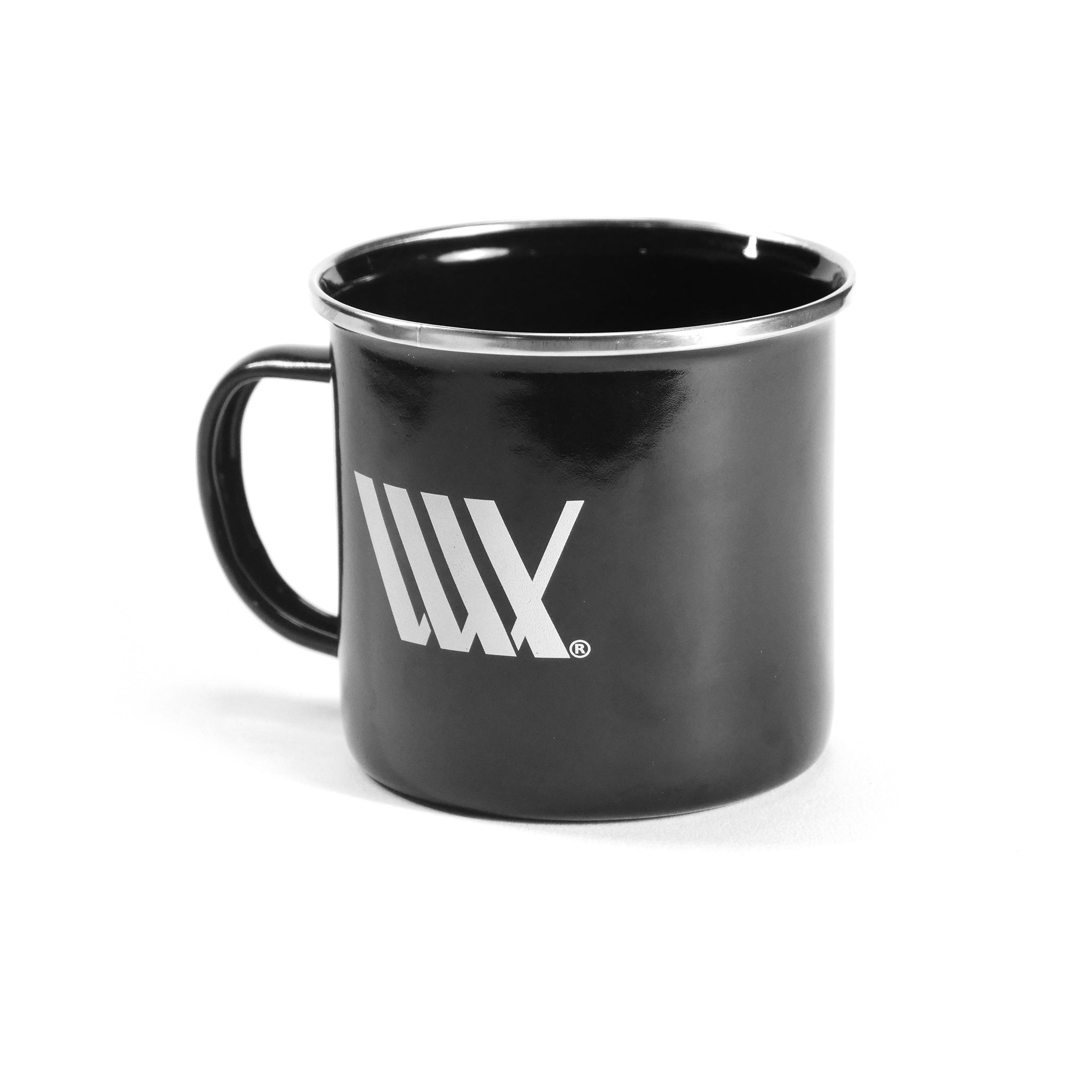 A black enamel mug with a handle and bold white "LUX" logo is shown on a plain white background—the perfect lightweight addition to your LUXBMX Journey Explorer Bundle.