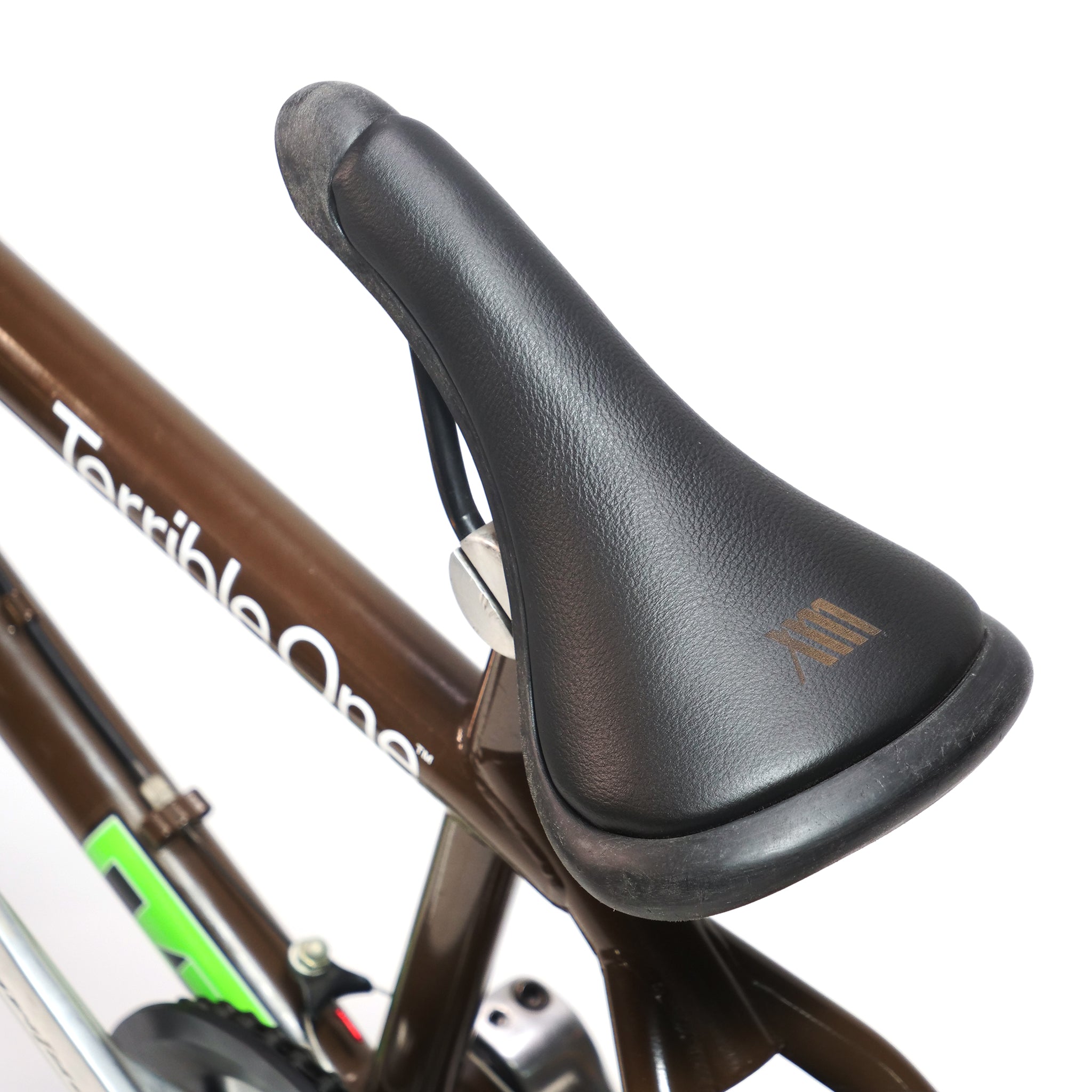 Close-up of a black seat on a Terrible One Barcode Garrett Byrnes Custom 20 Inch Bike (2003) with the iconic frame and visible "Terrible One" branding.