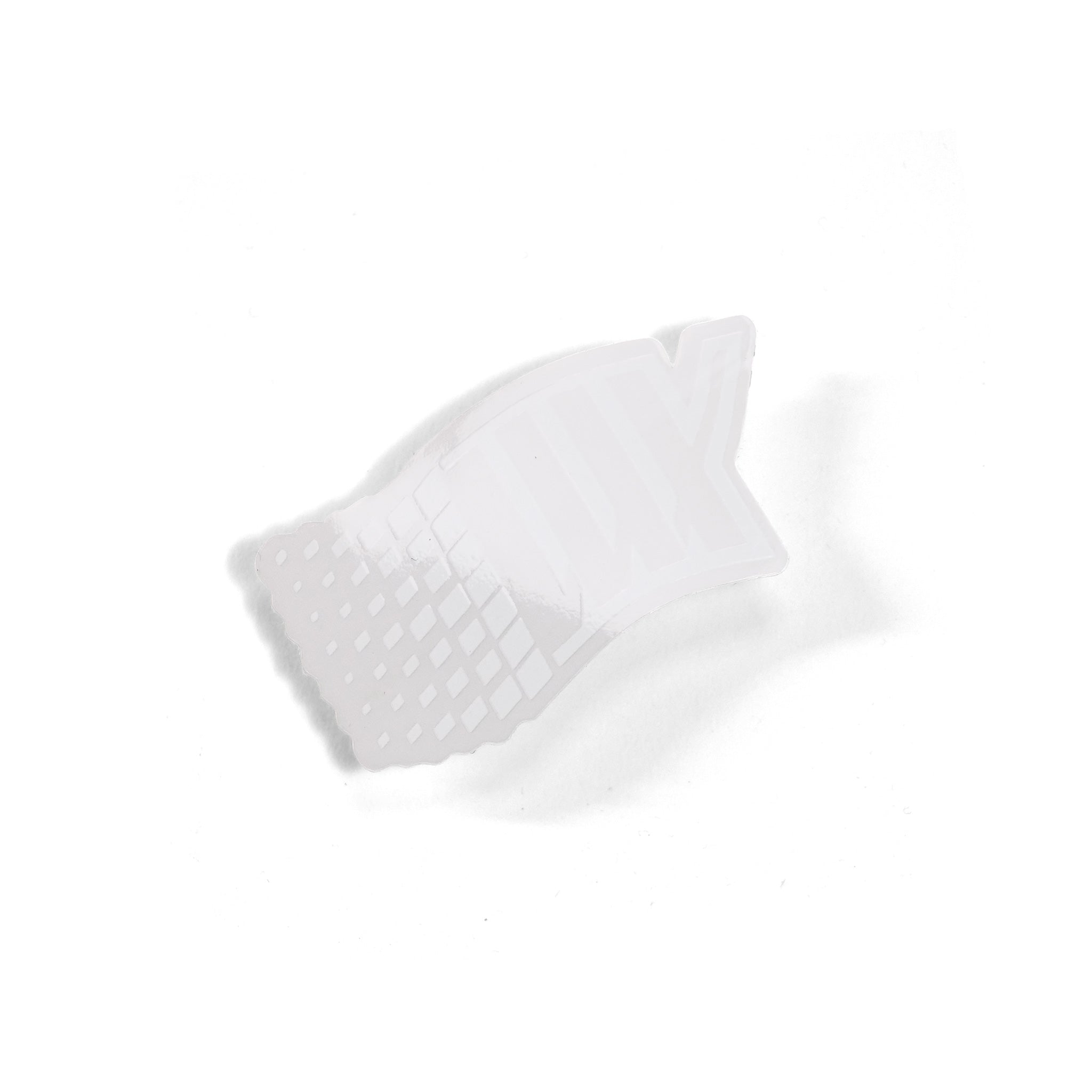 The LUXBMX Y2K Sticker - White is a translucent, irregularly shaped clear vinyl sticker with a textured grid pattern on one end, shown on a white background.