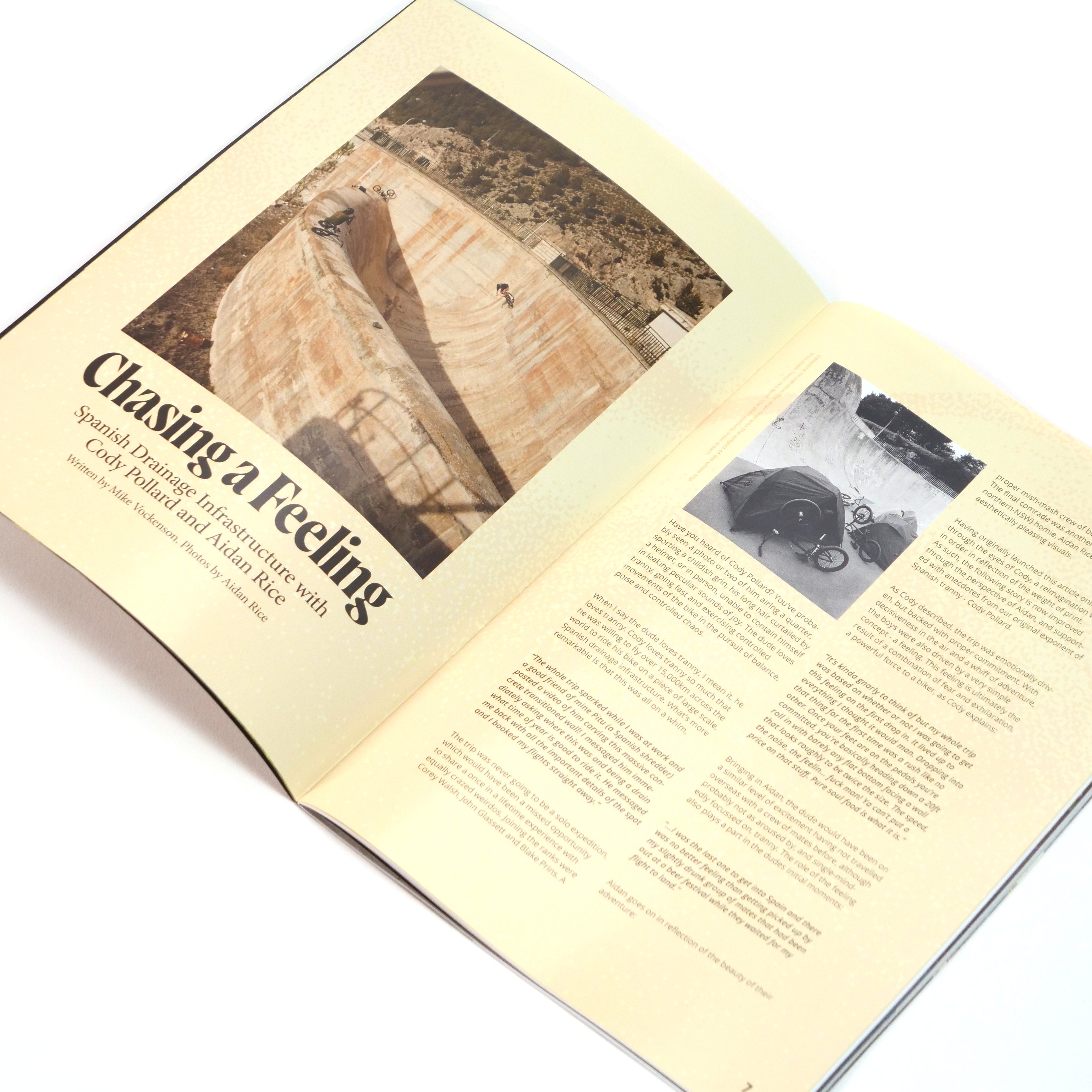 An open Cactus BMX Mag - Issue 1 features the article "Chasing a Feeling," displaying a large photo of a skateboarder in an empty pool and a smaller image of someone with a bike under an umbrella.