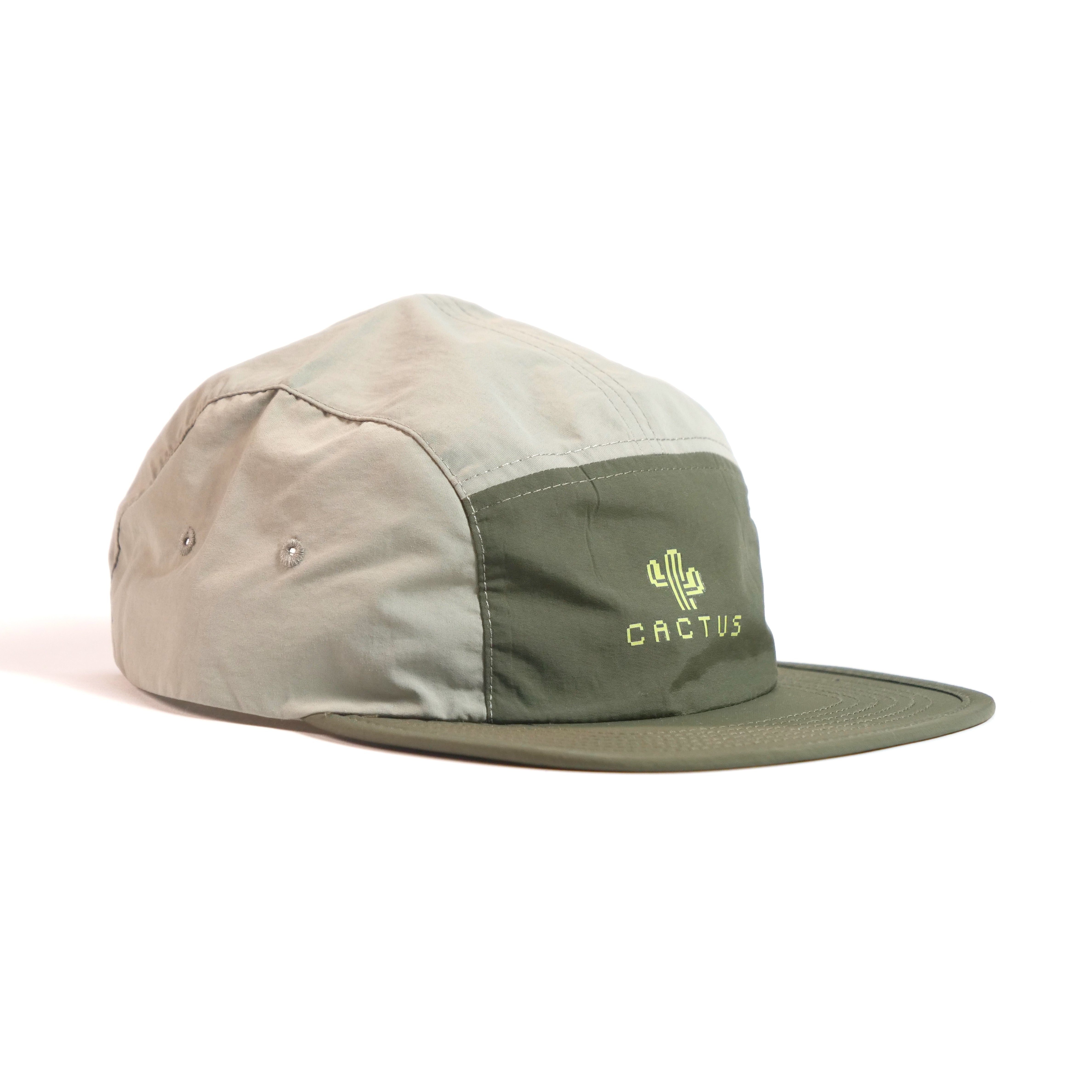 The Cactus BMX Mag 8 Bit Cap Green features a two-tone green design, flat brim, vent holes, and a yellow cactus logo with "CACTUS" on the front.