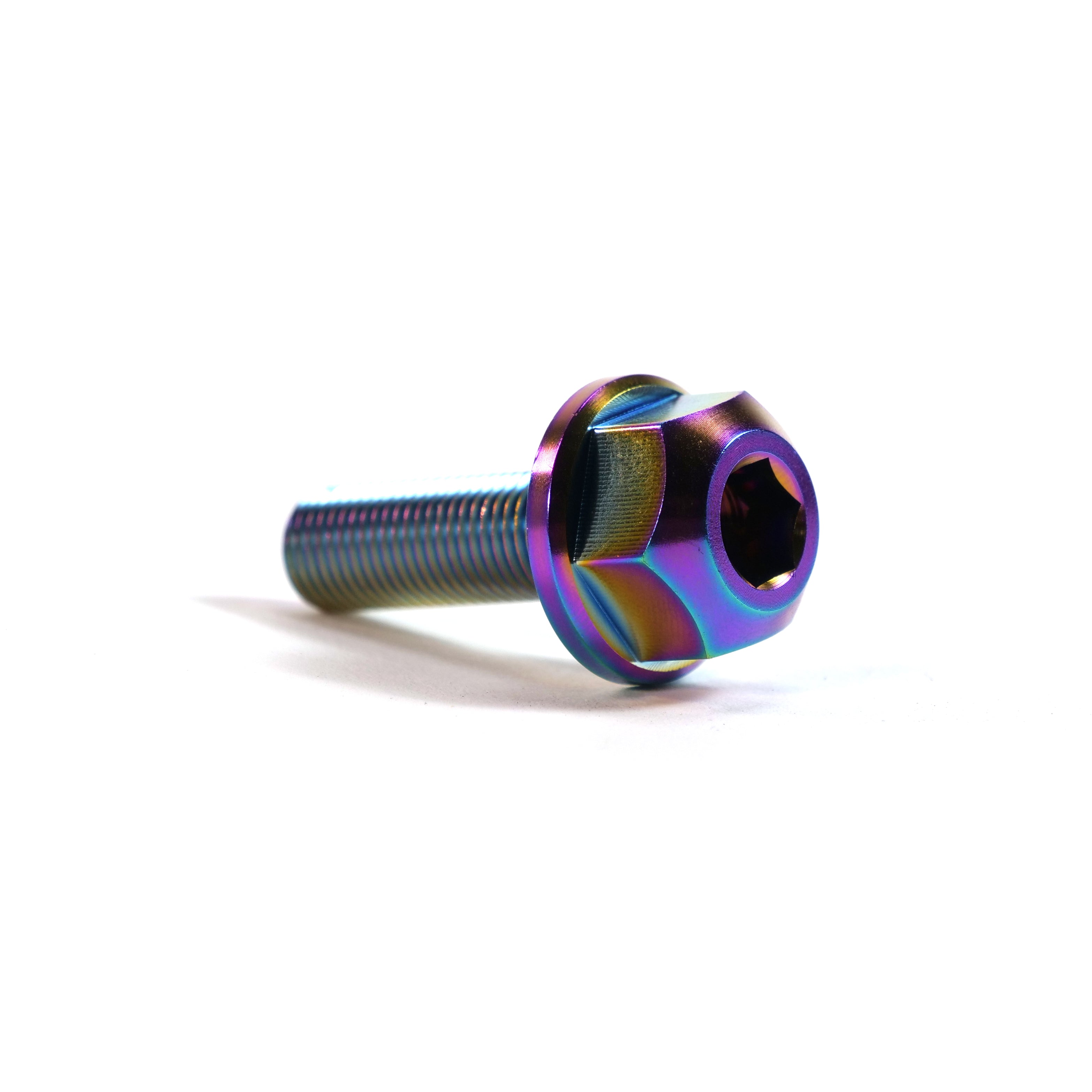 An ION BMX Titanium GR5 Hex Axle Bolt, featuring a partially threaded shank and integrated washer, CNC machined from iridescent titanium, is displayed on a white background.