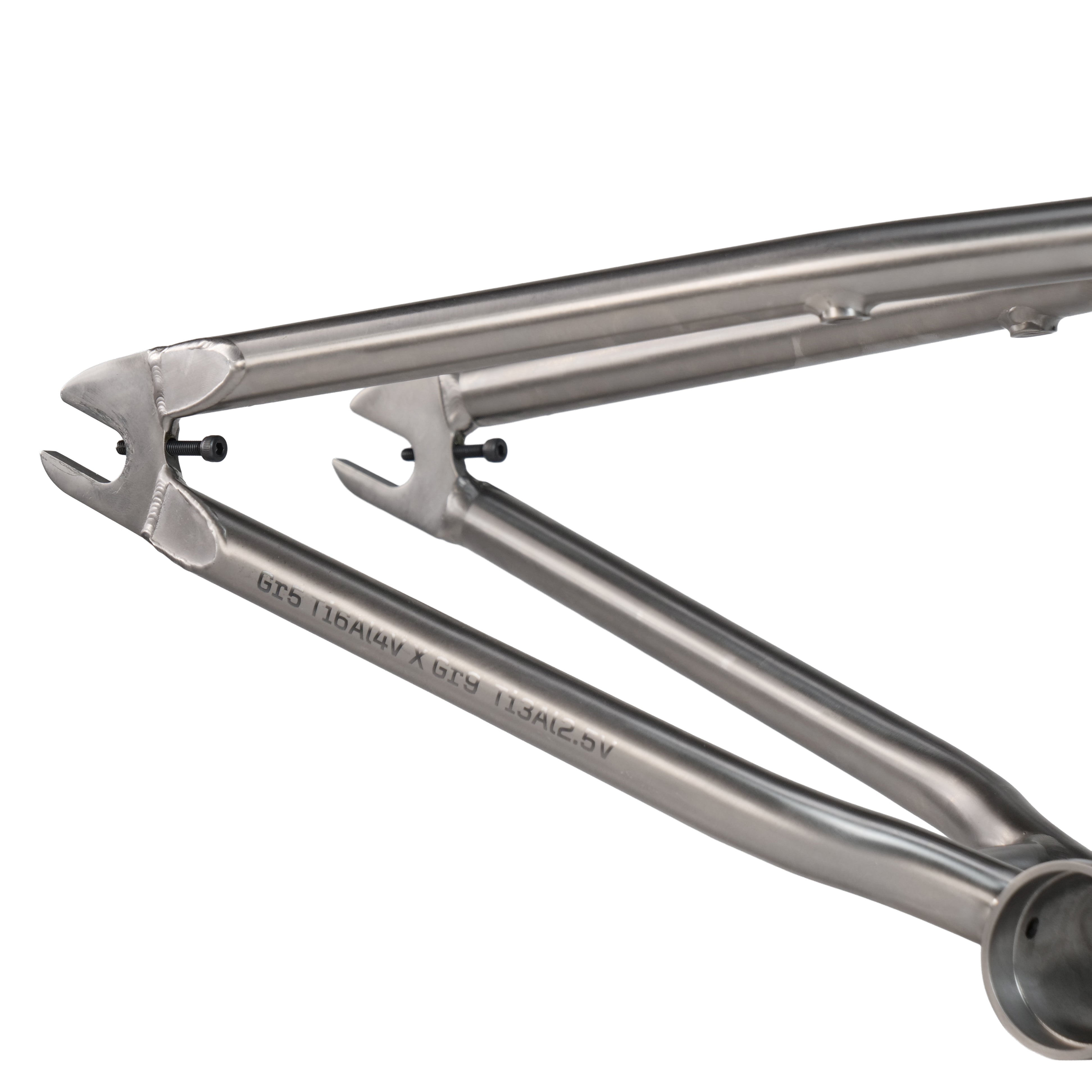 Close-up of the ION BMX Ti18 Titanium 18 Inch Frame, highlighting its clean welds, minimalistic design, and precision-crafted dropout and chainstay.