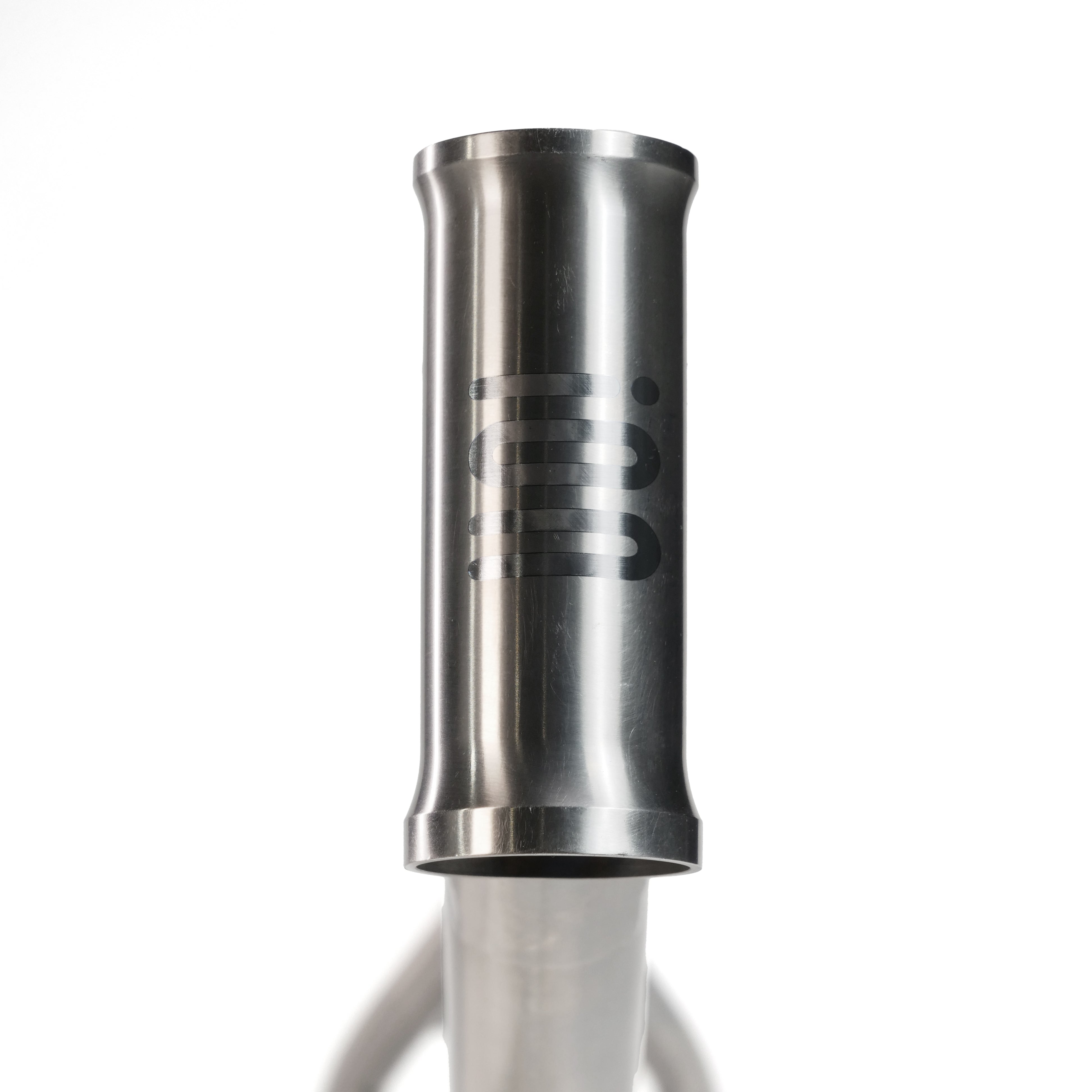 A close-up of the ION BMX Ti18 Titanium 18 Inch Frame’s head tube displays its black "BOO" logo and precise detailing, highlighting it as an ideal youth BMX bike frame against a white background.