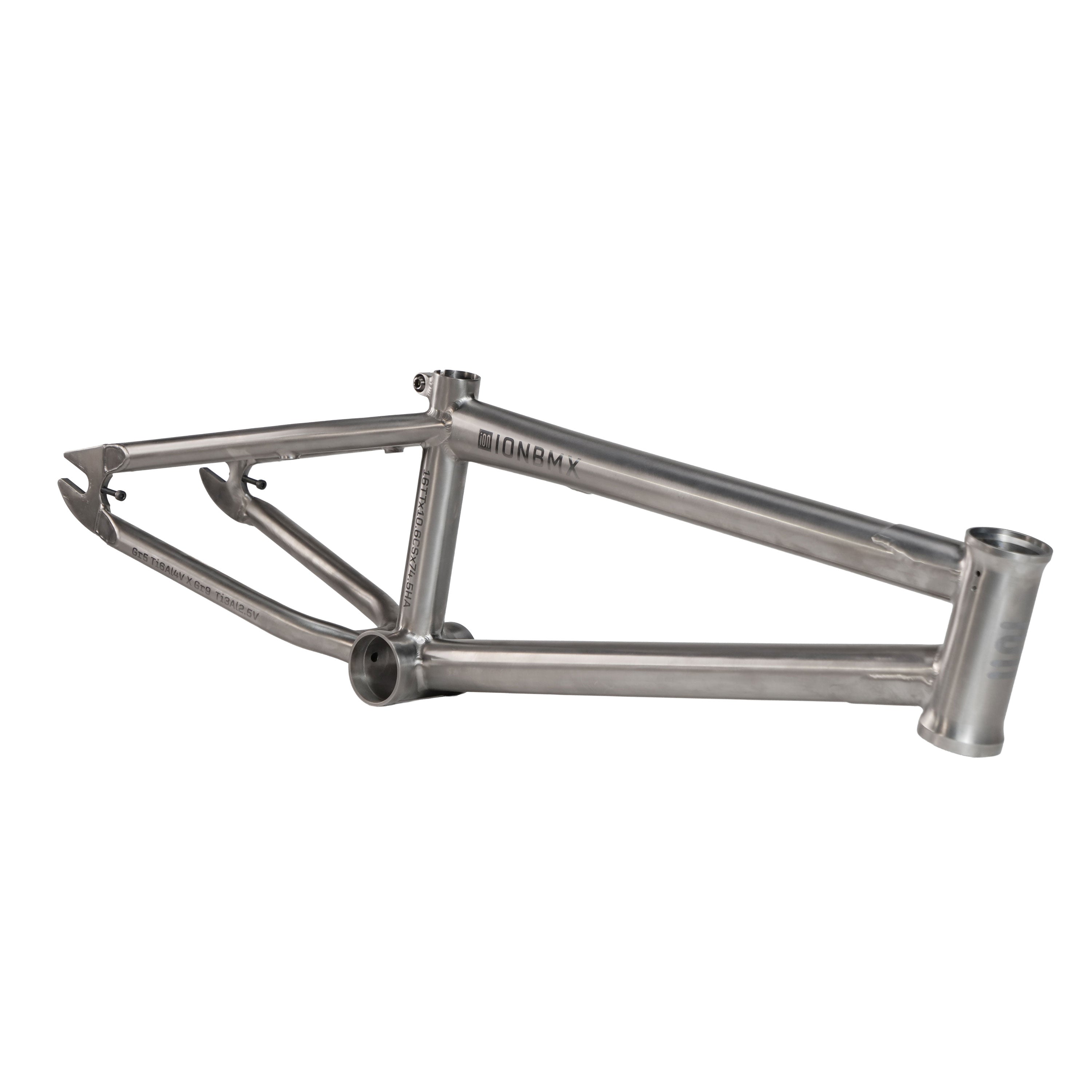The ION BMX Ti16 Titanium 16 Inch Frame is a bare metal Gr5 titanium youth BMX frame, showing its lightweight main and rear triangle construction—no wheels, seat, or handlebars included—for high-performance riding.