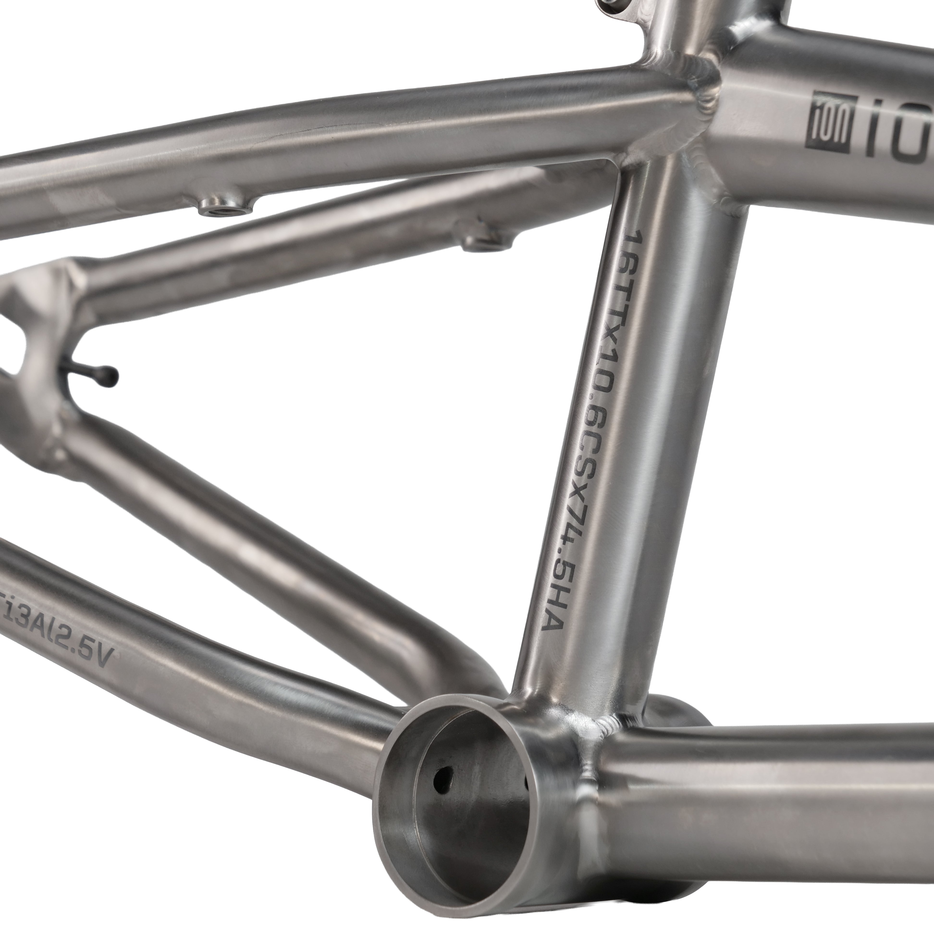 Close-up of the ION BMX Ti16 Titanium 16 Inch Frame reveals seamless welds, precision joints, and engraved specs—showcasing its lightweight Gr5 titanium build for top youth BMX performance.