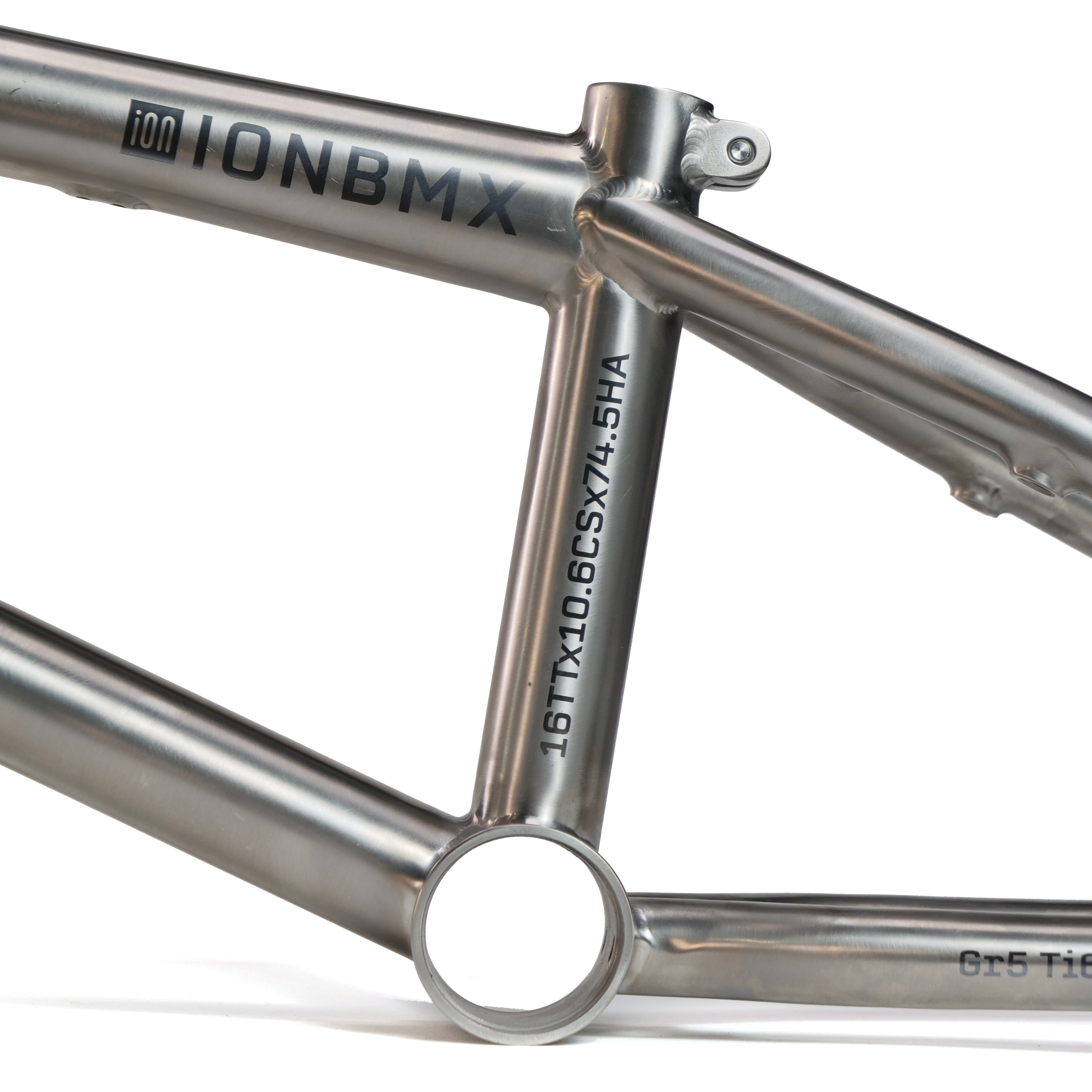 Close-up of an ION BMX Ti16 Titanium 16 Inch Frame with model specs on the down tube, showcasing this lightweight titanium frame designed for young performance BMX riders.