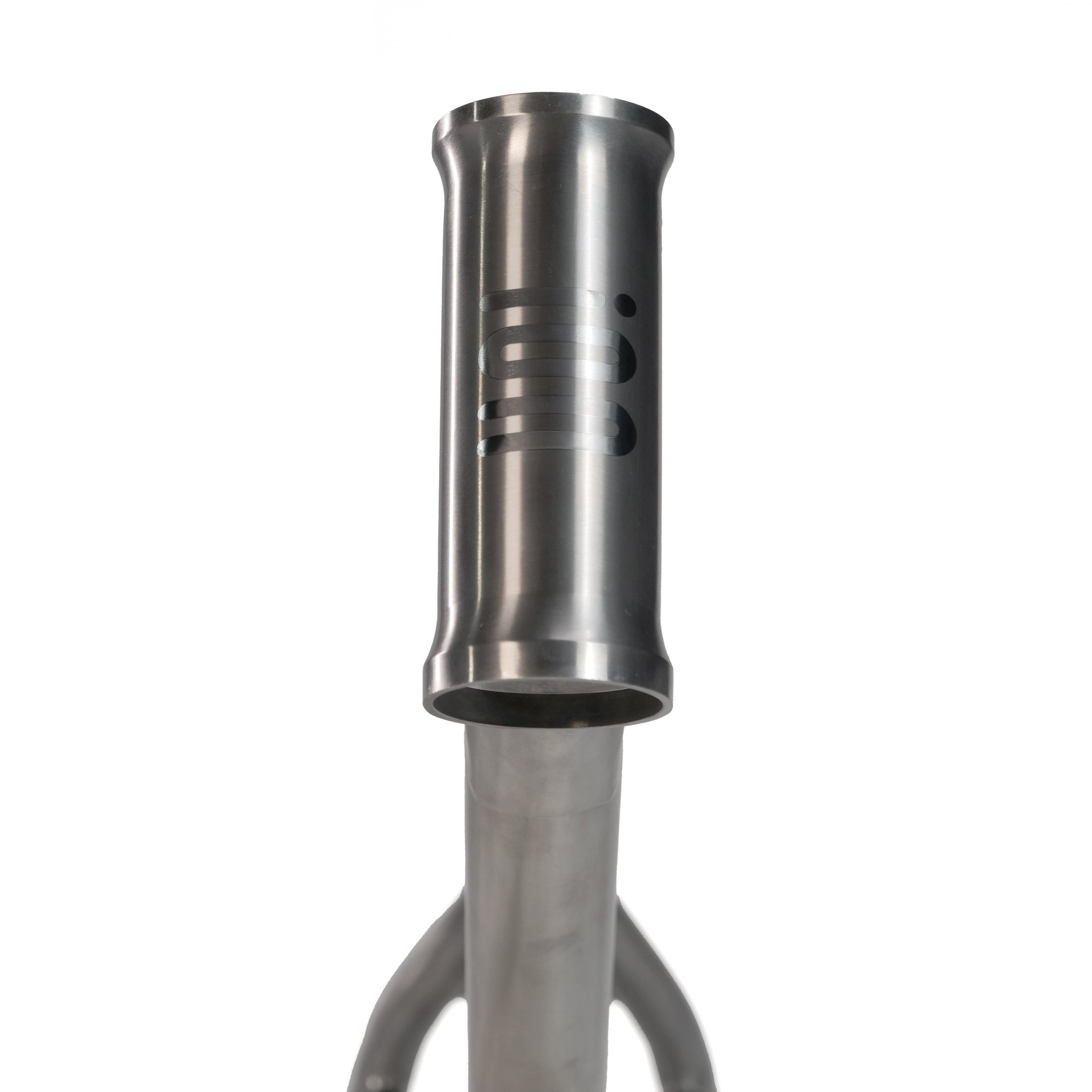 A close-up of the ION BMX Ti16 Titanium 16 Inch Frame’s lightweight head tube with a cutout logo highlights its Gr5 titanium precision and quality against a clean white background.