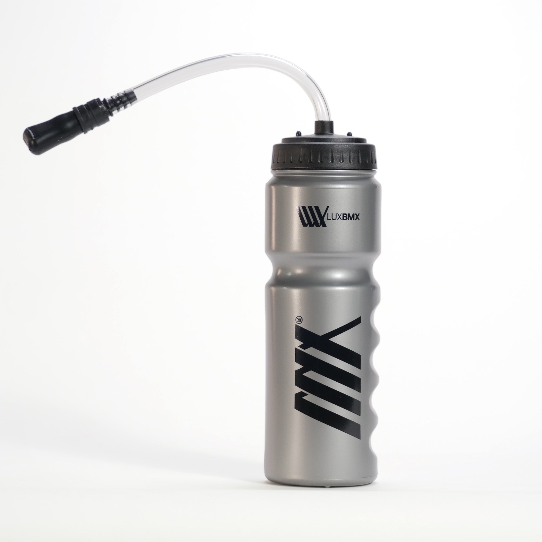 The 750ml LUXBMX Race Straw Water Bottle has a black screw-on lid, flexible bite-valve straw, and features "LUXBMX" and "MX" logos on the side.