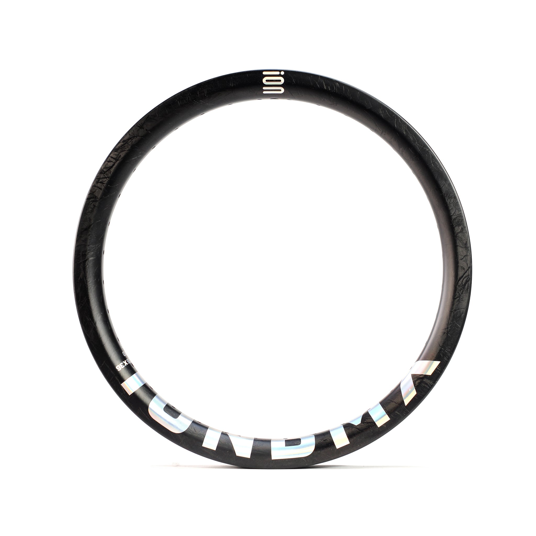 The ION BMX C18 Carbon Fiber 18 Inch Brakeless Rim features a black Toray T800s carbon construction with "IONDIMA" lettering, perfect for freestyle BMX riding.