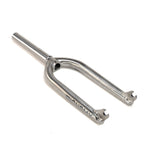 The ION BMX Ti18 Titanium 18 Inch Forks, made from silver titanium, are shown with dropouts at an angle on a white background.