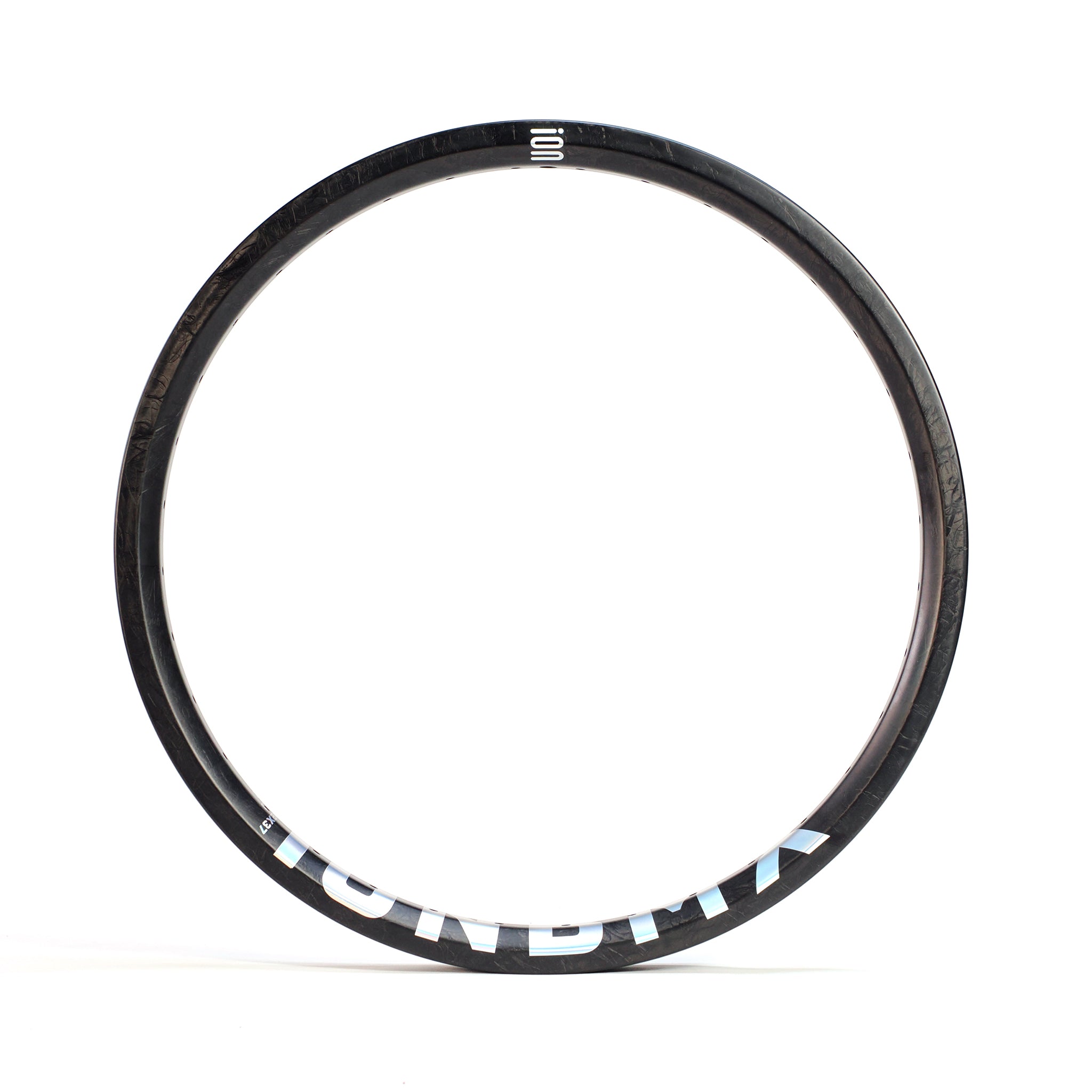 The ION BMX C20 Carbon Fiber 20 Inch Brakeless Rim in black stands upright against a white background, with "ION BMX" partially visible at the bottom.