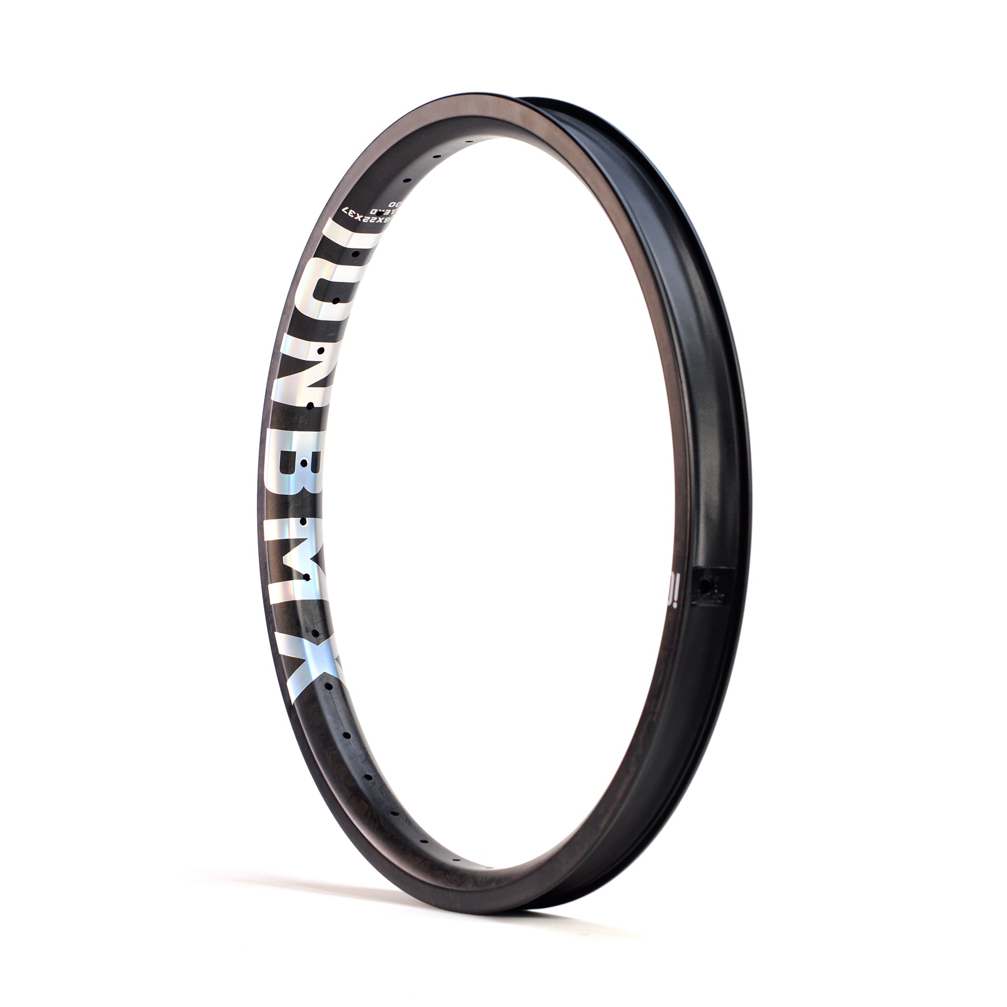 A black ION BMX C20 Carbon Fiber 20 Inch Brakeless Rim, featuring white "DN BMX" lettering and crafted from premium Toray T800 carbon fiber, stands upright against a plain white background.