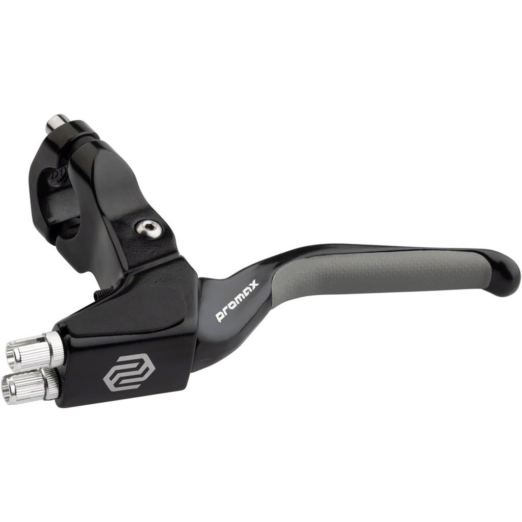 The Promax BL-47 V Brake Lever in black and silver features dual cable adjusters for two brake cables, supports linear pull brakes, and includes a mounting clamp; shown on a white background.