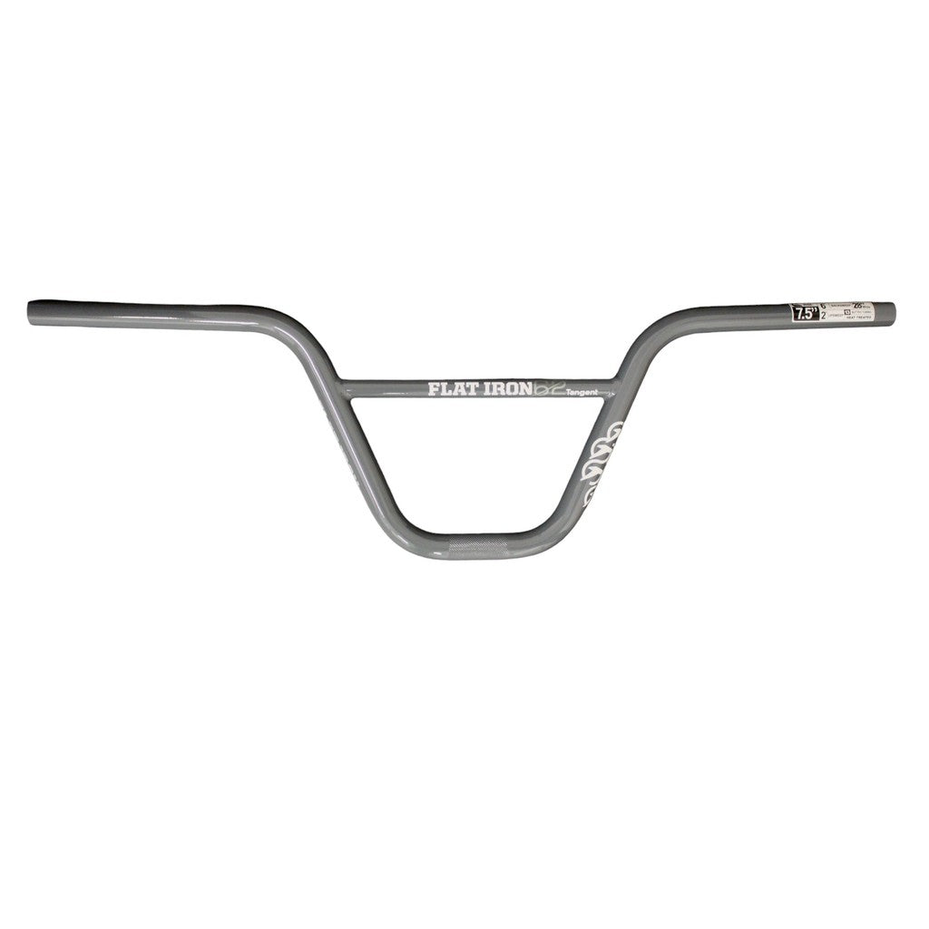 Silver BMX handlebars with "Tangent Flatiron62 Sylvain Andre Signature" branding on an isolated white background.