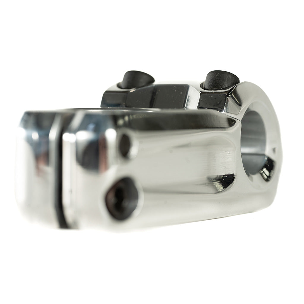 A chrome handlebar clamp featuring the Colony Variant 52mm BMX Stem, a top load stem with a low-rise alternative, against a clean white background.