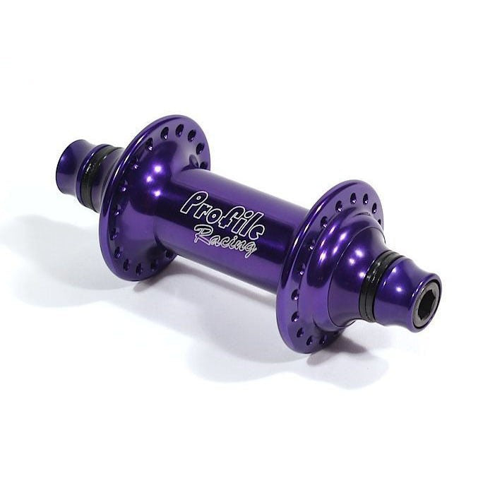A purple Profile Elite Front Hub with cone spacers and axle bolts on a white background.