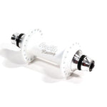 A white bicycle hub, including Profile Elite Front Hubs, cone spacers, and axle bolts, on a white background.