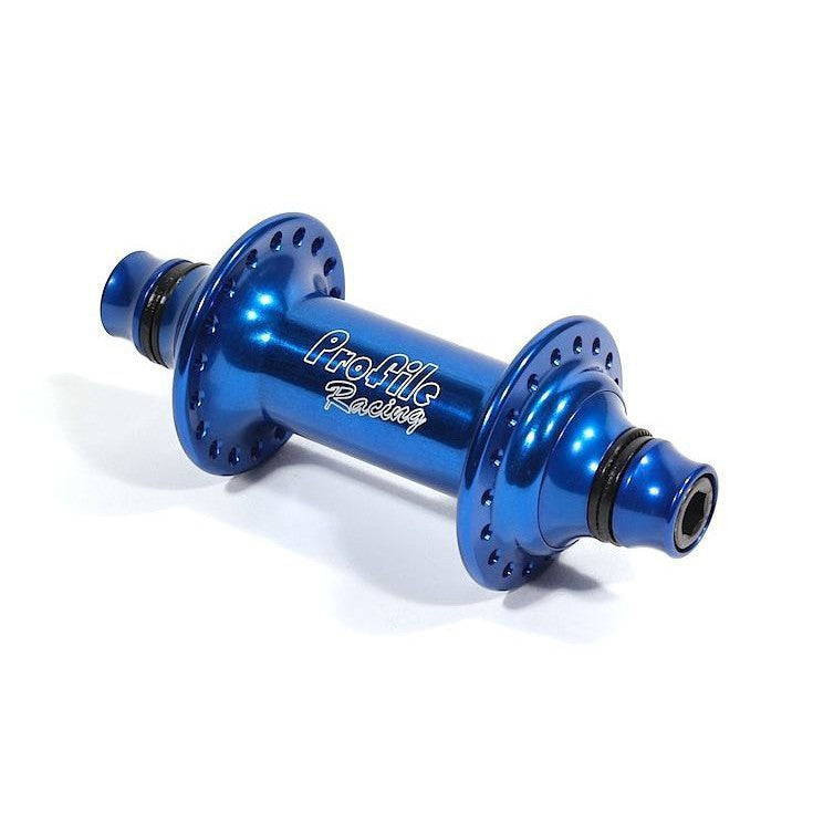 A blue bicycle hub with Profile Elite Front Hubs on a white background.