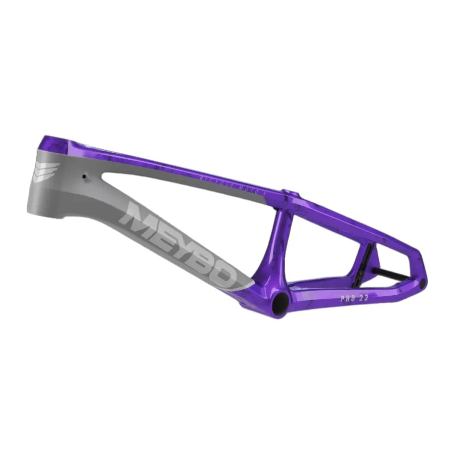 The Meybo 2026 Carbon HSX Pro XXXXL Frame in purple and silver, with visible branding, is showcased against a white background to highlight its advanced BMX race engineering.