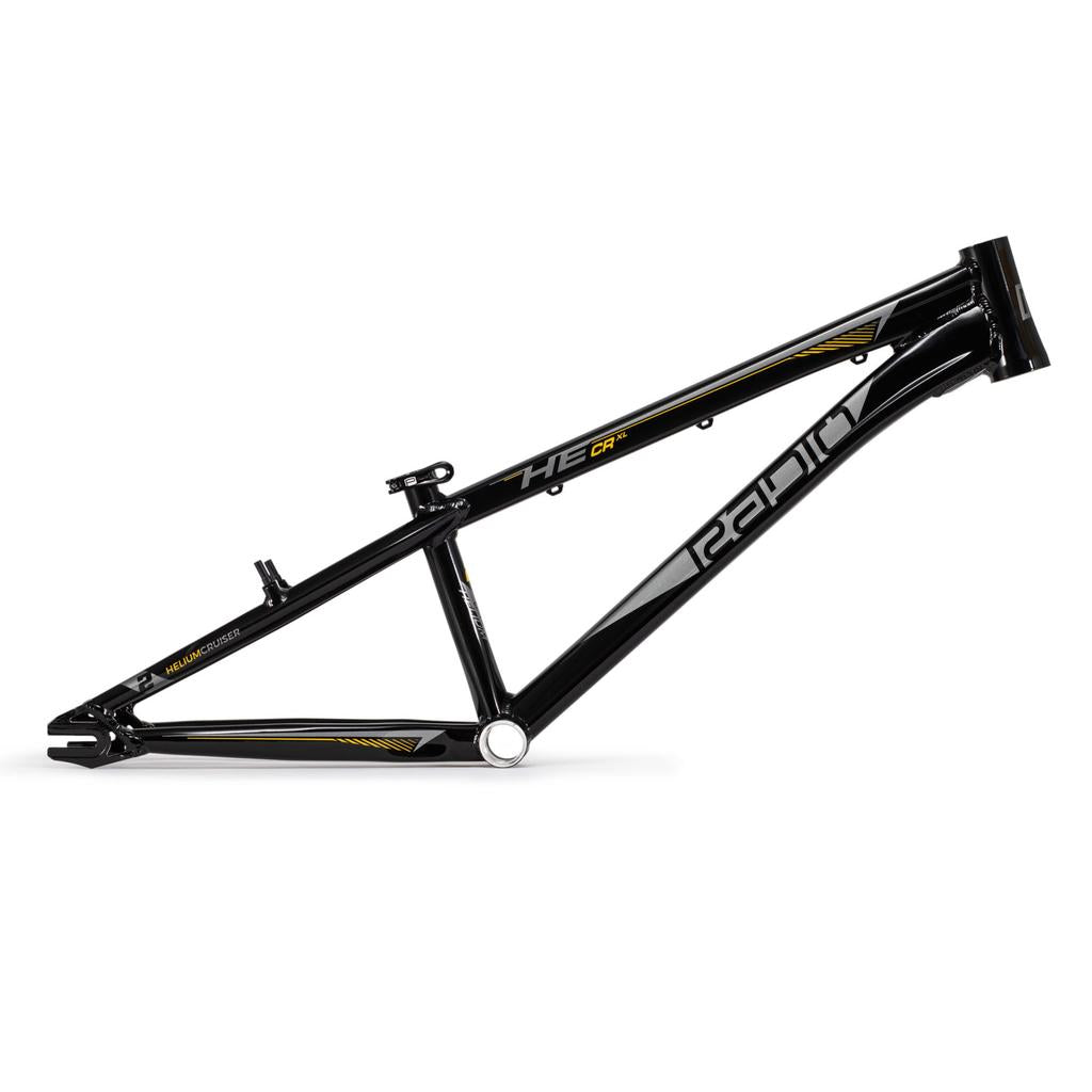 The Radio Raceline Helium Cruiser 24 Frame is a black bike frame with yellow and silver accents, featuring "Radio" branding. It's built with a hydroformed 6061 alloy Helium frame and is disc brake compatible for enhanced performance.