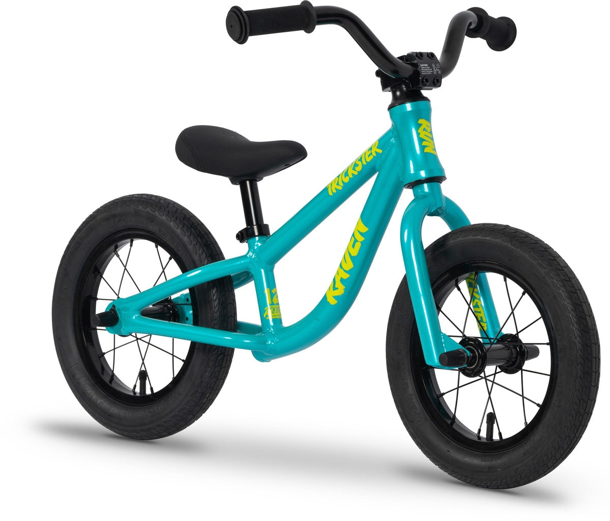 The Raven Trickster Alloy 12 Inch Balance Bike features a turquoise lightweight alloy frame, black handlebars, seat, and tires, with yellow "Raven" branding on the frame.