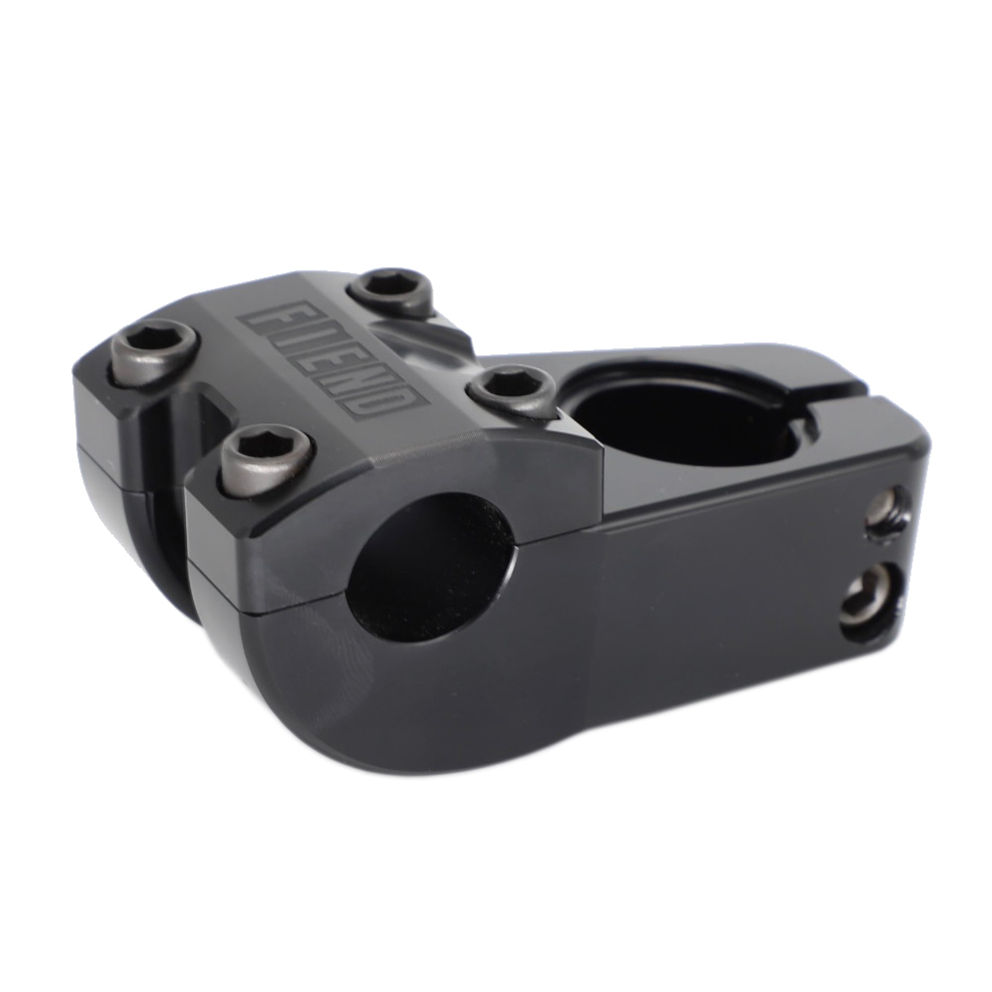 The Fiend Ransom Top Load Stem is a black metal BMX stem with a 48mm reach, four front bolts, and "FIEND" engraving, designed for securely mounting handlebars to your bike fork.