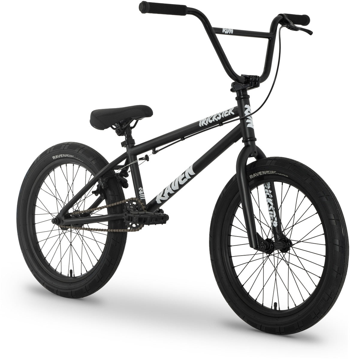 The Raven Trickster 20 Inch Bike is a black entry-level BMX featuring thick tires, a padded seat, and straight handlebars, displayed against a white background.