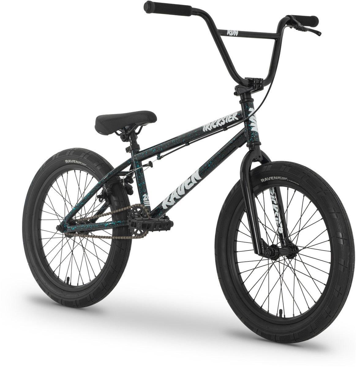 The Raven Trickster 20 Inch Bike, an entry-level BMX with thick tires, a padded seat, and straight handlebars, is displayed in black against a white background.