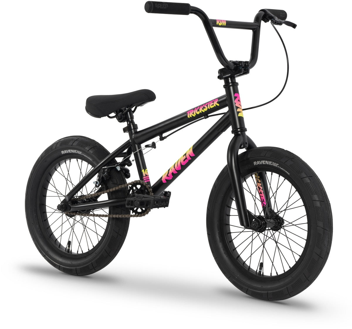 A black Raven Trickster 16 Inch Bike with thick tires, chromoly cranks, a padded seat, and colorful yellow and pink branding on the frame.