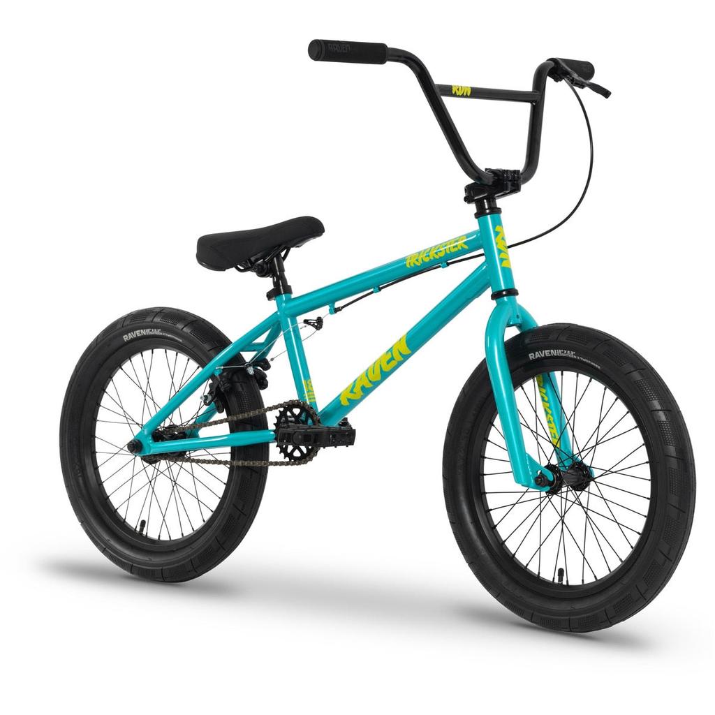 The Raven Trickster 18 Inch Bike is teal with black handlebars, seat, and tires, bold yellow "KAVEN" branding on the frame and fork, plus strong chromoly cranks for extra durability.