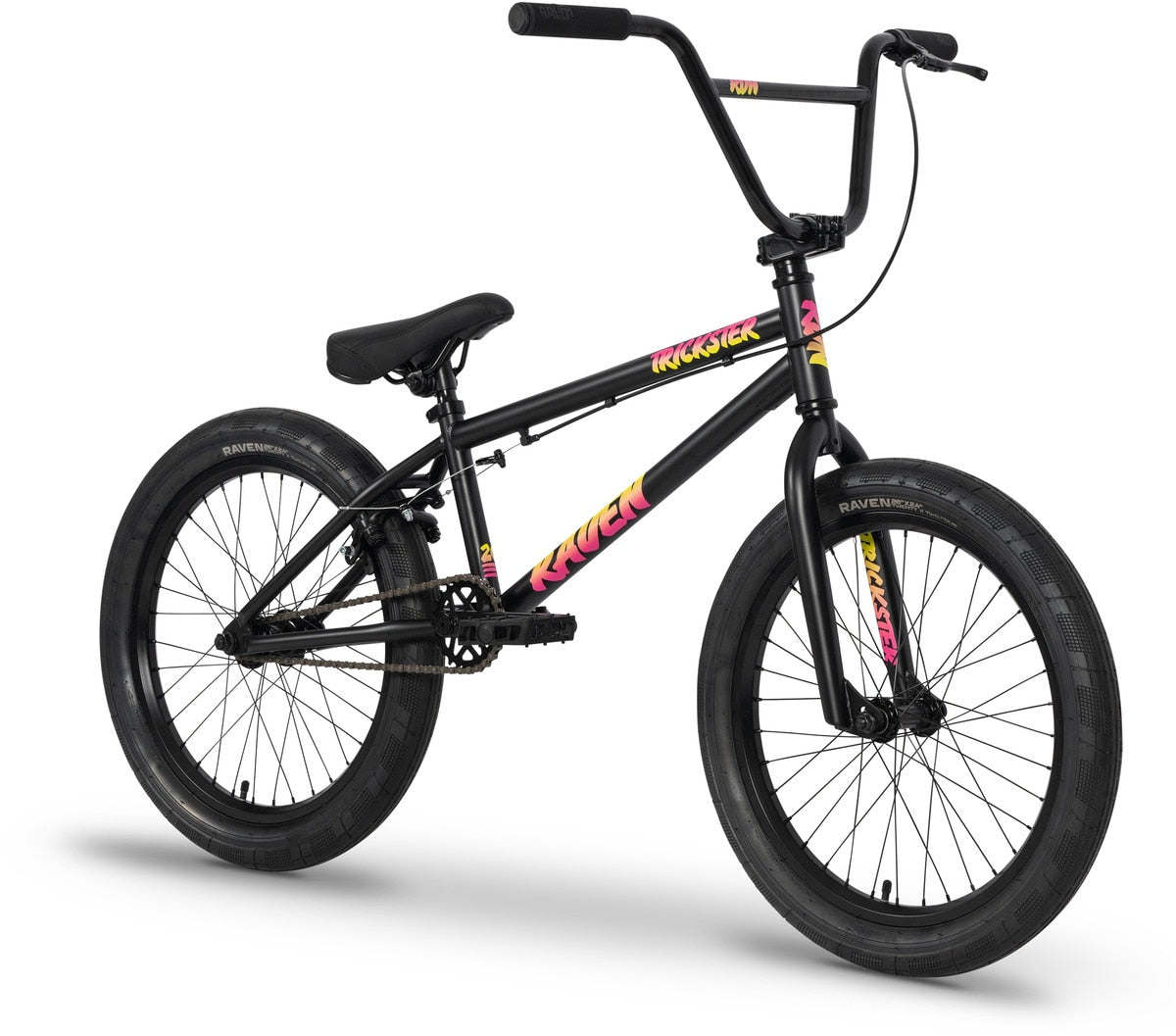 The Raven Trickster 20 Inch Bike features thick tires, a black frame with yellow and pink "Kink Coster" branding, 20-inch wheels, and a rear hand brake—perfect for beginner BMX riders.