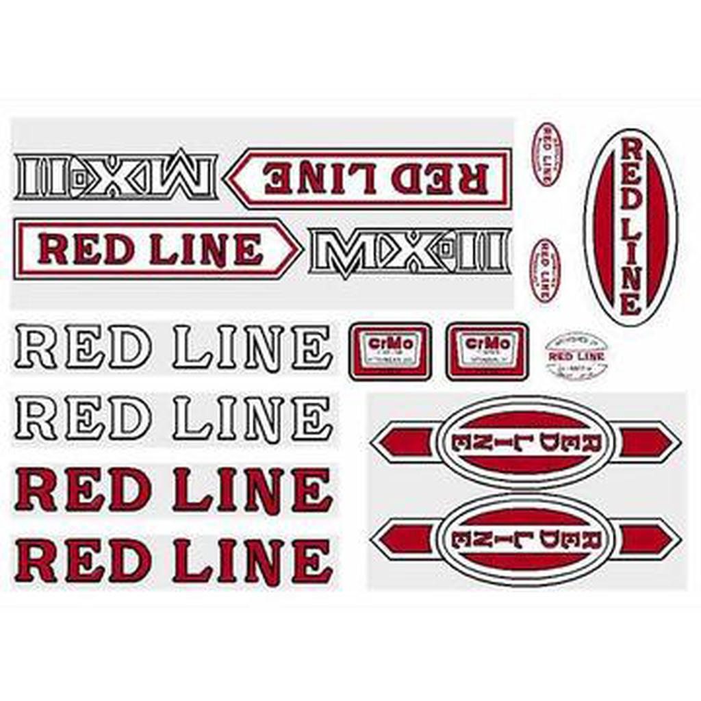 Redline Retro MX2 Frame Decal Set—includes assorted decals in red, black, and white styles, sizes, and orientations; ideal for customizing your BMX bike or for use as classic Redline MX-II graphics.