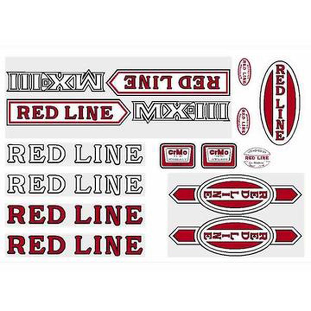 The Redline Retro MX3 Frame Decal Set features vintage-inspired "RED LINE" logo stickers in red and black, including arrows, rectangles, and ovals reminiscent of classic BMX and Redline MX-III decals.