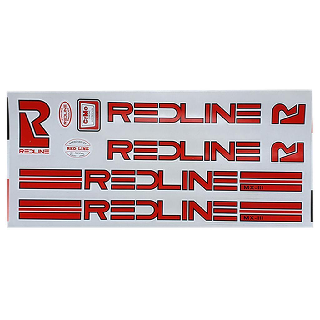 The Redline Retro MX3 Frame Decal Set features vintage red and white "REDLINE" logos and "MX-III" decals, perfect for restoring your BMX with authentic style.
