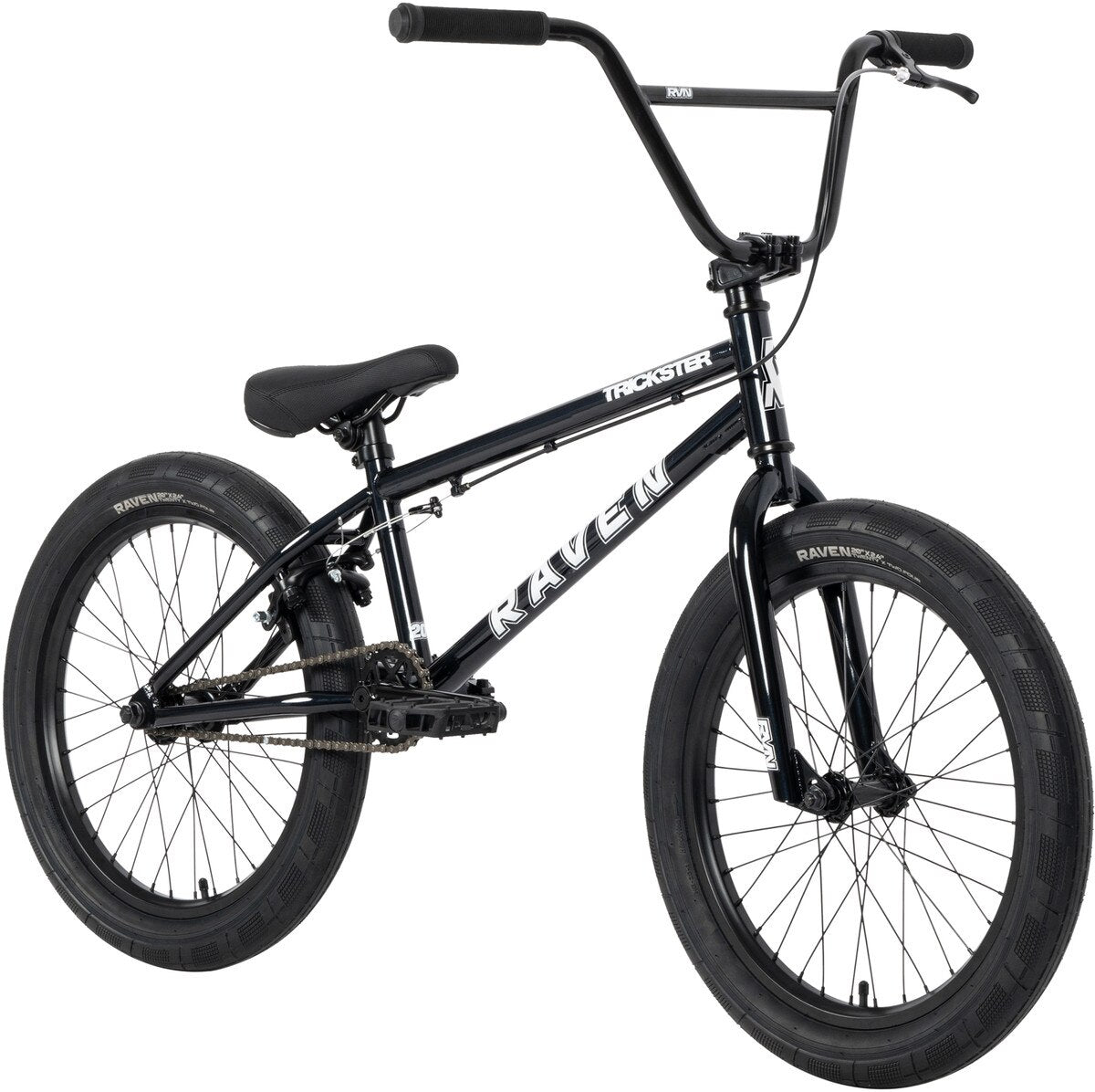 The Raven Trickster 20 Inch Bike is a black entry-level BMX with thick tires, high handlebars, and "RAVEN" branding on the frame—perfect for beginner riders. Shown from a side angle.