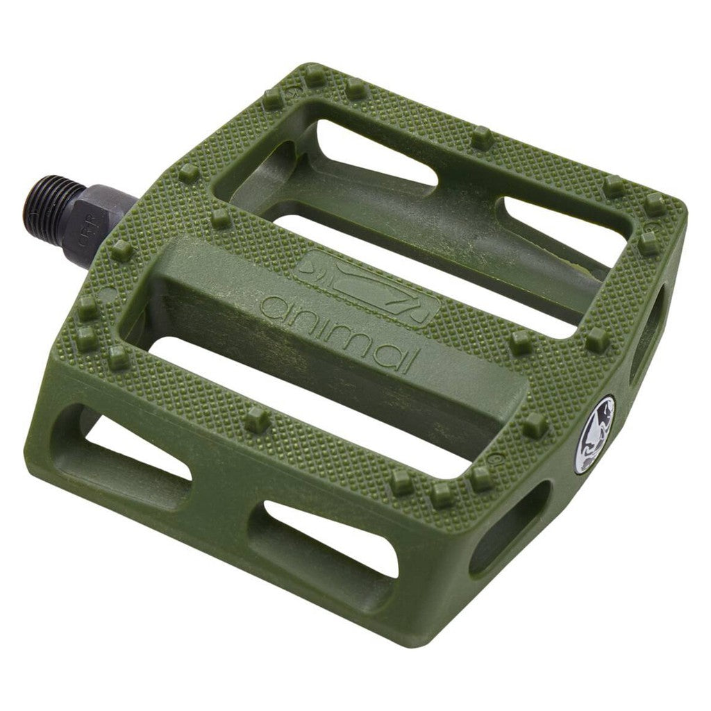 A lightweight pair of Animal Rat Trap Pedals made from nylon-based plastic material, set against a pristine white background.