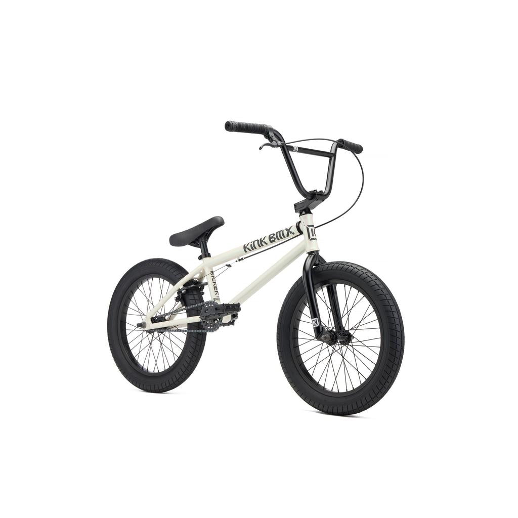 The Kink Kicker 18 Inch Bike (2027) is a white kids BMX bike with black handlebars, seat, and tires, displayed from a slight angle on a plain white background.