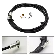 Magura Aftermarket MT Disc Brake Hose W/Banjo Fitting shown coiled in black with metal fittings—includes banjo fitting, bolt, two small screws, and two O-rings. Insets display hose ends and connection details for MT Series brakes.