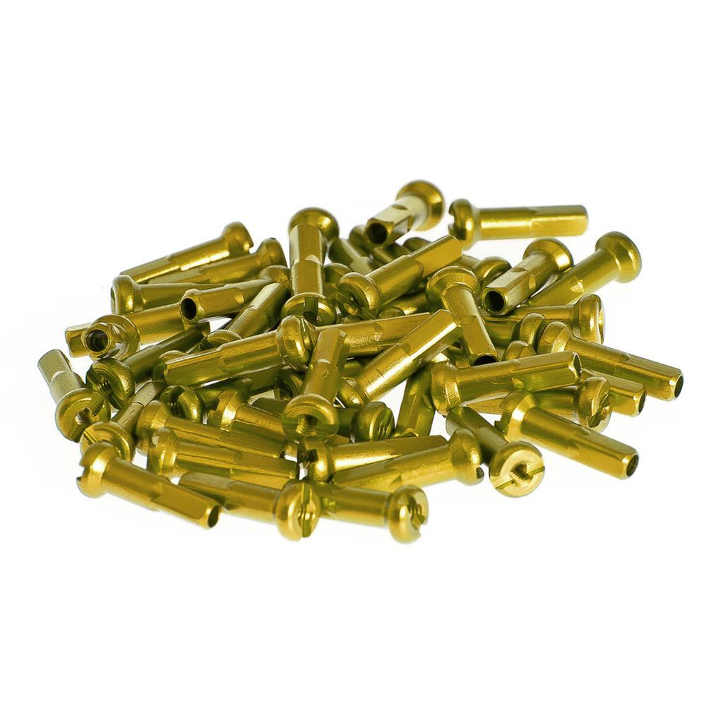A pack of Salt Alloy Nipple (40 Pack) gold-colored 6061-T6 alloy spoke nipples arranged on a white background.