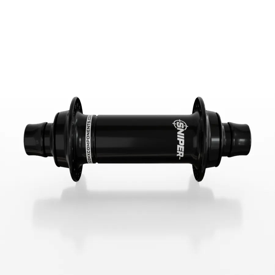 The SD-X Sniper Evo Air Expert 10mm Front Hub (28 Hole), a black BMX racing hub made from lightweight aluminium with titanium bolts, is shown horizontally against a white background.