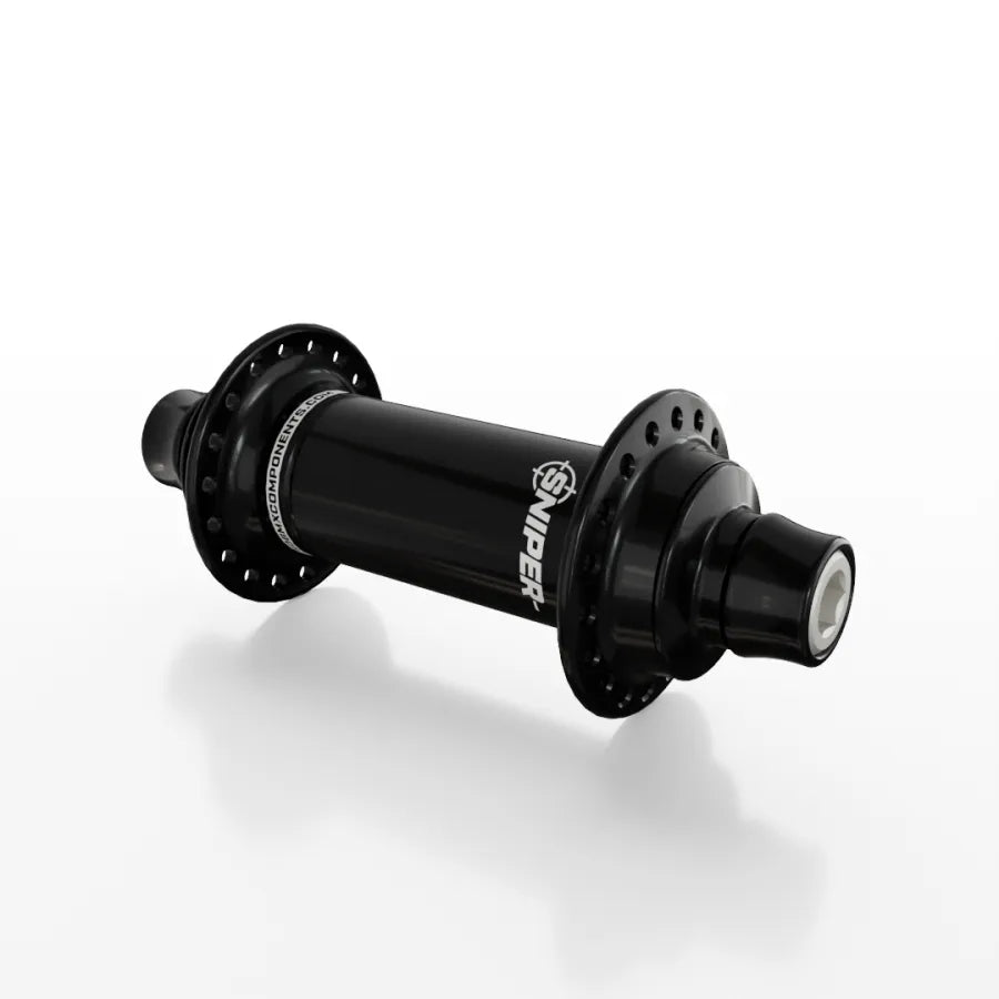 The SD-X Sniper Evo Air Expert 10mm Front Hub (28 Hole) features a black anodized finish, lightweight aluminium construction, multiple spoke holes, and the Sniper logo, shown on a white background.