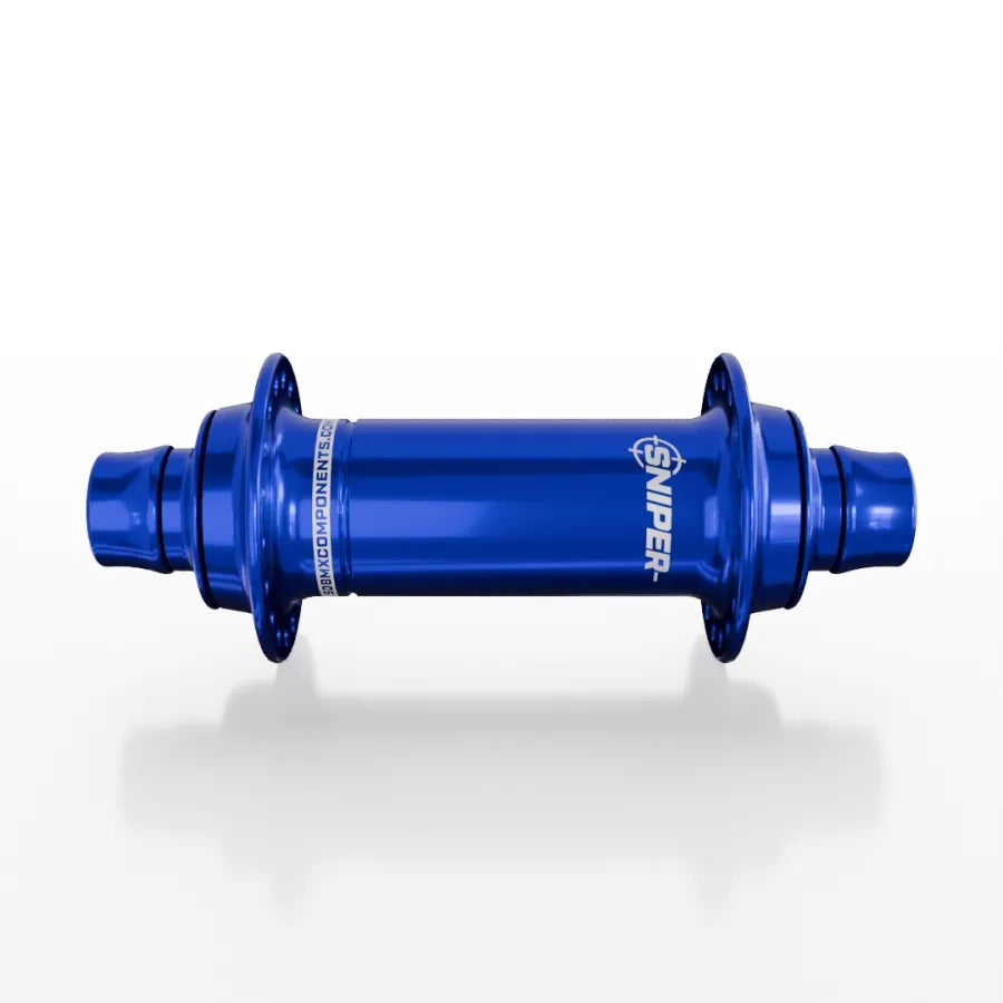 The SD-X Sniper Evo Air Expert 10mm Front Hub (28 Hole) is a blue anodized BMX racing hub with dual flanges and a white "SNIPER" logo, made from lightweight aluminium, shown on a white background.