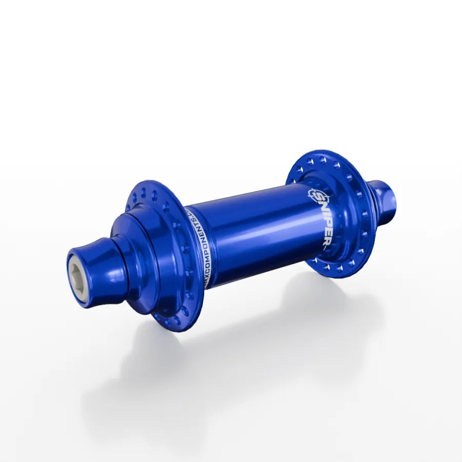 The SD-X Sniper Evo Air Expert 10mm Front Hub (28 Hole), a blue anodized BMX racing hub made from lightweight aluminium with titanium bolts, is displayed on a white background.